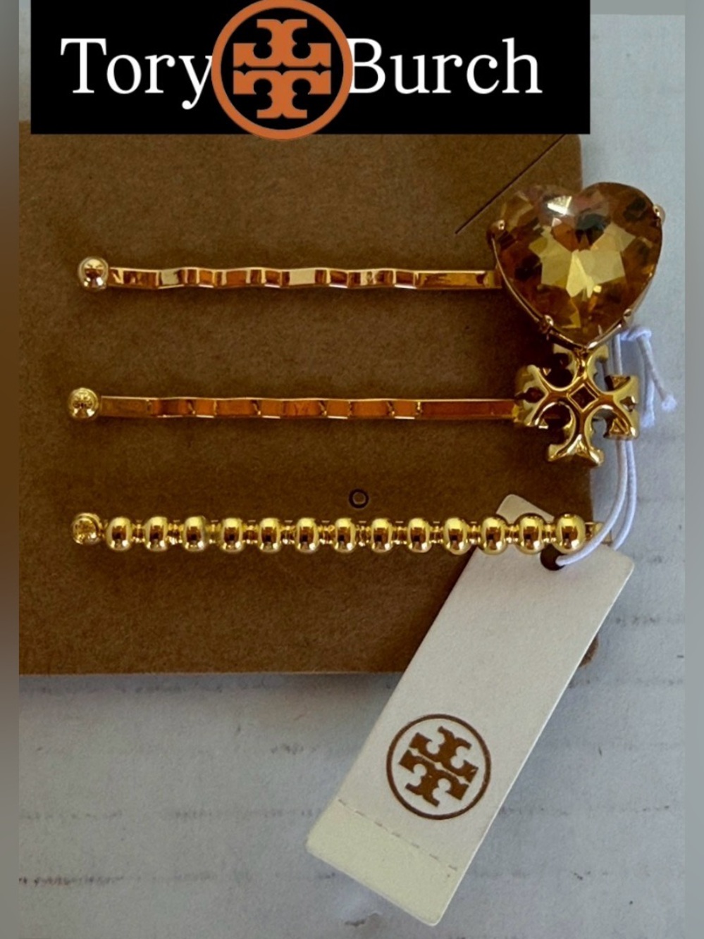 Tory Burch Gold-Tone Heart & Beaded Bobby Pin Trio NWT